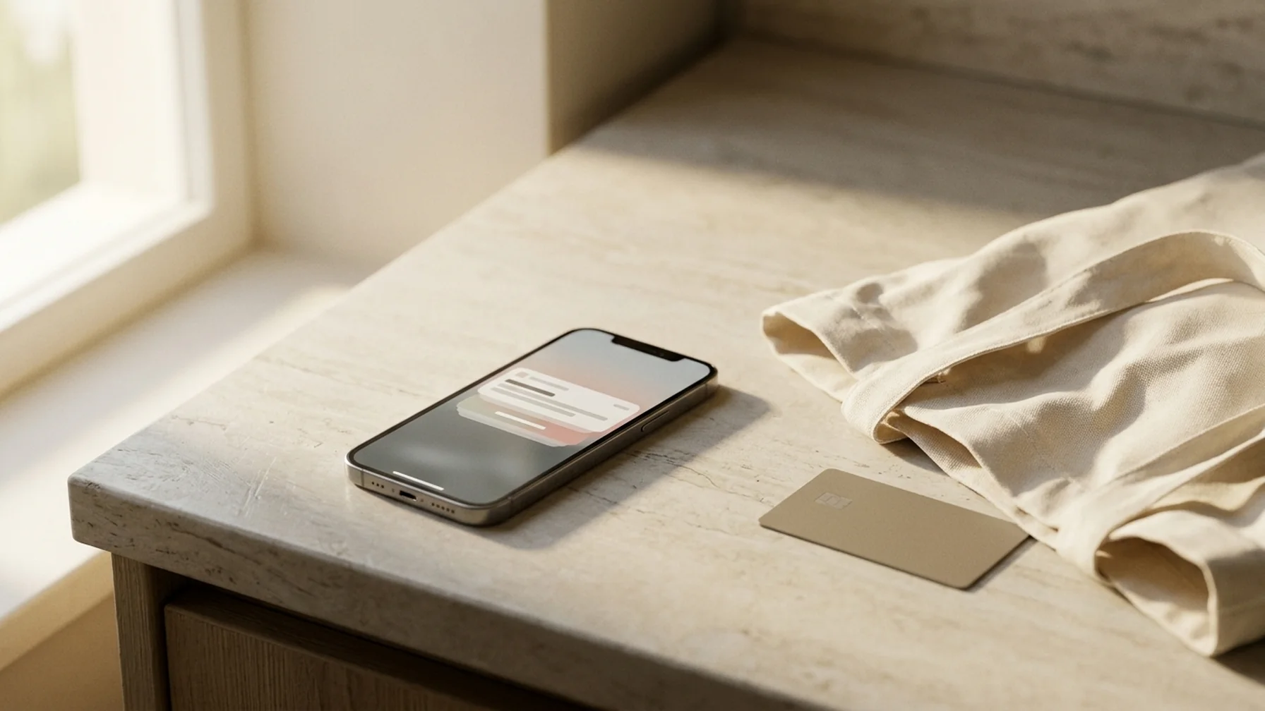 Phone on a kitchen counter showing a reminder message next to a half-filled shopping bag and a credit card, warm daylight