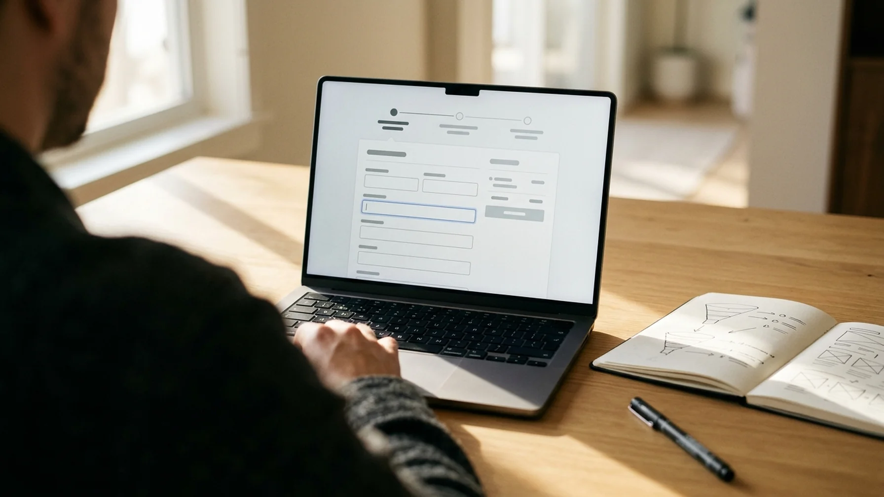 Laptop on a wooden desk showing a checkout form with one field outlined, a notebook with handwritten step notes beside it, soft window light